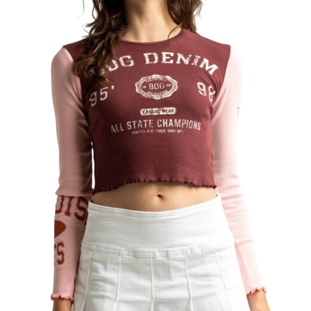 BDG Urban Outfitters Red Colorblock Lettuce Trim Ribbed T-Shirt Crop Top Large